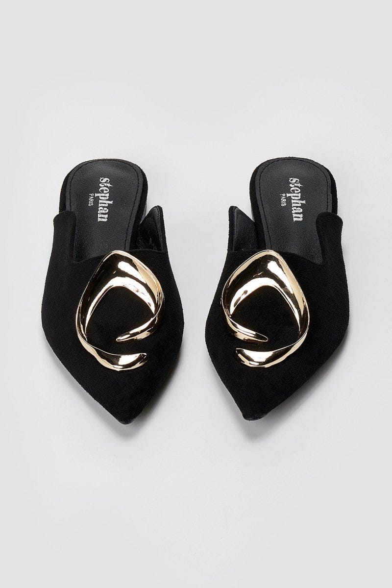 Stephan - Pointed Flat Mules Metal Detail - Black Suede