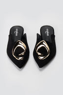 Stephan - Pointed Flat Mules Metal Detail - Black Suede