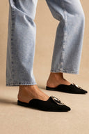 Stephan - Pointed Flat Mules Metal Detail - Black Suede