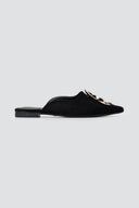 Stephan - Pointed Flat Mules Metal Detail - Black Suede