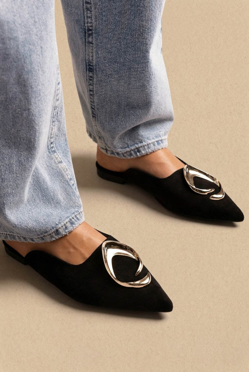 Stephan - Pointed Flat Mules Metal Detail - Black Suede