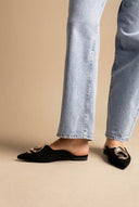 Stephan - Pointed Flat Mules Metal Detail - Black Suede