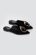 Stephan - Pointed Flat Mules Metal Detail - Black Suede