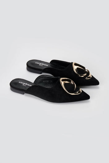 Stephan - Pointed Flat Mules Metal Detail - Black Suede