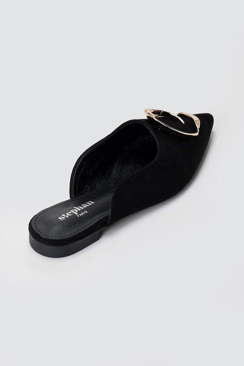 Stephan - Pointed Flat Mules Metal Detail - Black Suede