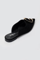 Stephan - Pointed Flat Mules Metal Detail - Black Suede