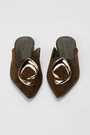 Stephan - Pointed Flat Mules Metal Detail - Olive Suede