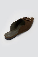 Stephan - Pointed Flat Mules Metal Detail - Olive Suede