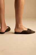 Stephan - Pointed Flat Mules Metal Detail - Olive Suede