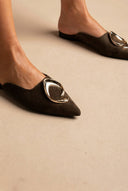Stephan - Pointed Flat Mules Metal Detail - Olive Suede