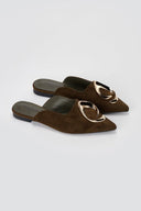 Stephan - Pointed Flat Mules Metal Detail - Olive Suede