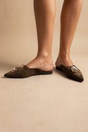 Stephan - Pointed Flat Mules Metal Detail - Olive Suede