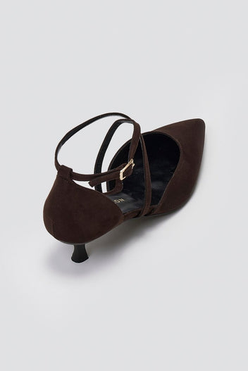 Pointed Kitten Heel Pumps - Brown Suede - thefashionproject.gr - TFP