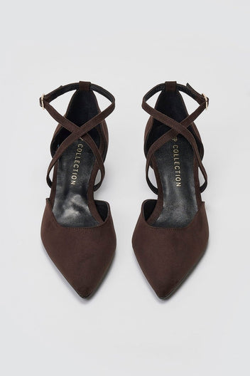 Pointed Kitten Heel Pumps - Brown Suede - thefashionproject.gr - TFP