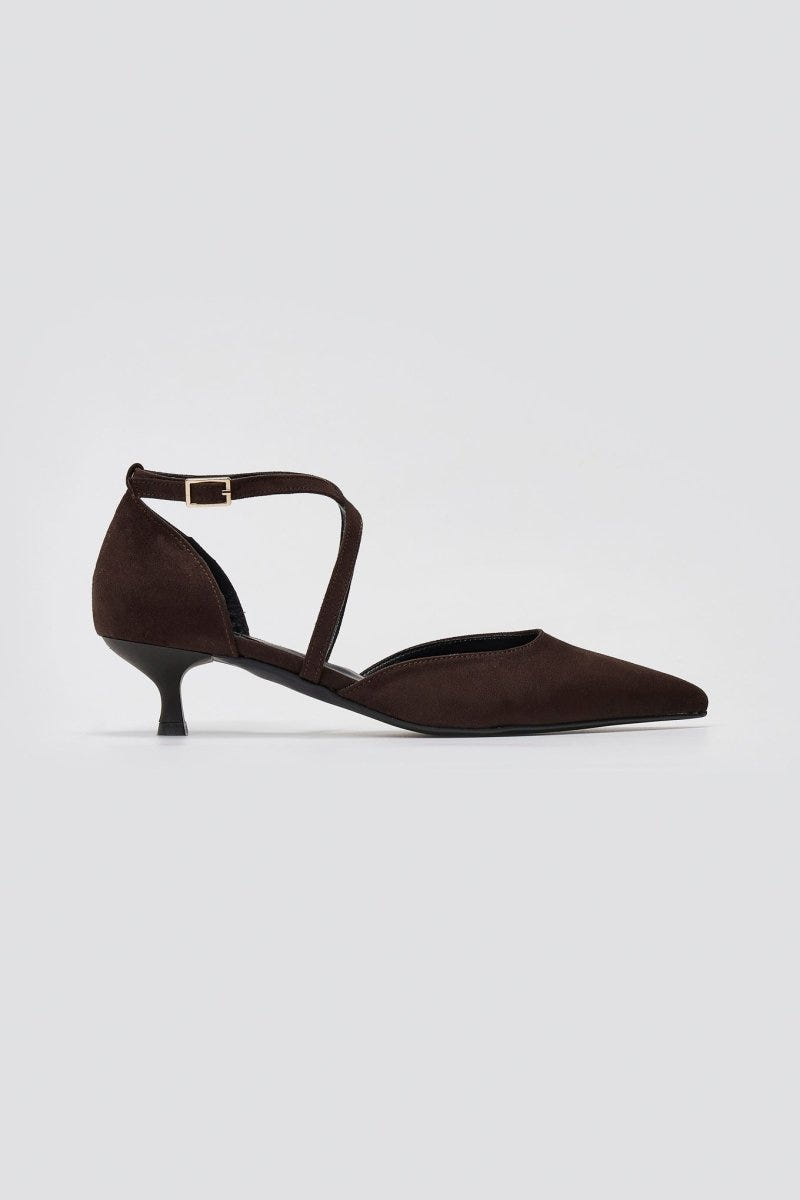 Pointed Kitten Heel Pumps - Brown Suede - thefashionproject.gr - TFP