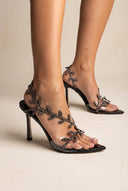 IRIS - Pointed Leaf Strap Sandals Slim Heel - Black Patent