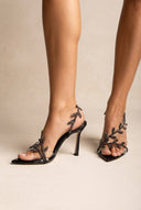 IRIS - Pointed Leaf Strap Sandals Slim Heel - Black Patent