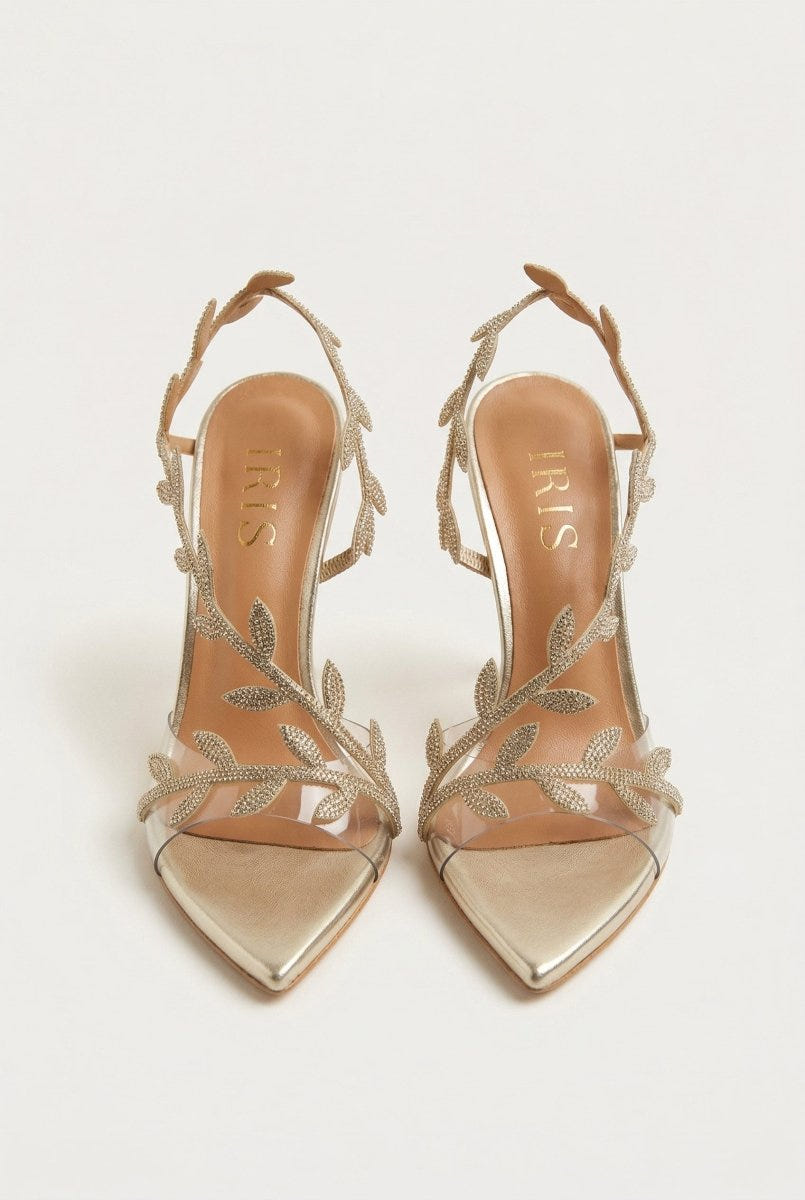 IRIS - Pointed Leaf Strap Sandals Slim Heel - Gold Strass