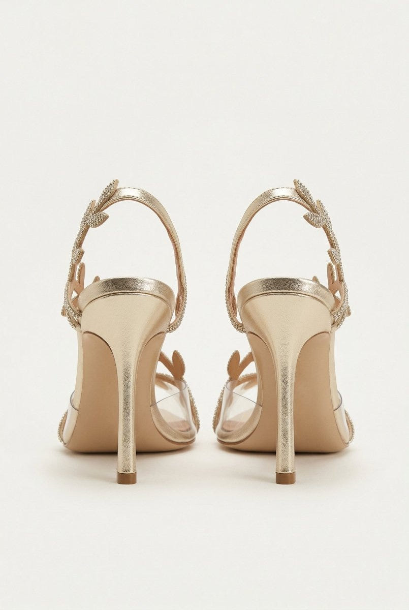 IRIS - Pointed Leaf Strap Sandals Slim Heel - Gold Strass