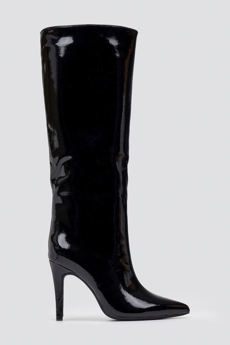 Pointed Patent Boots with Stiletto Heel - Black Patent - thefashionproject.gr - Ideal shoes