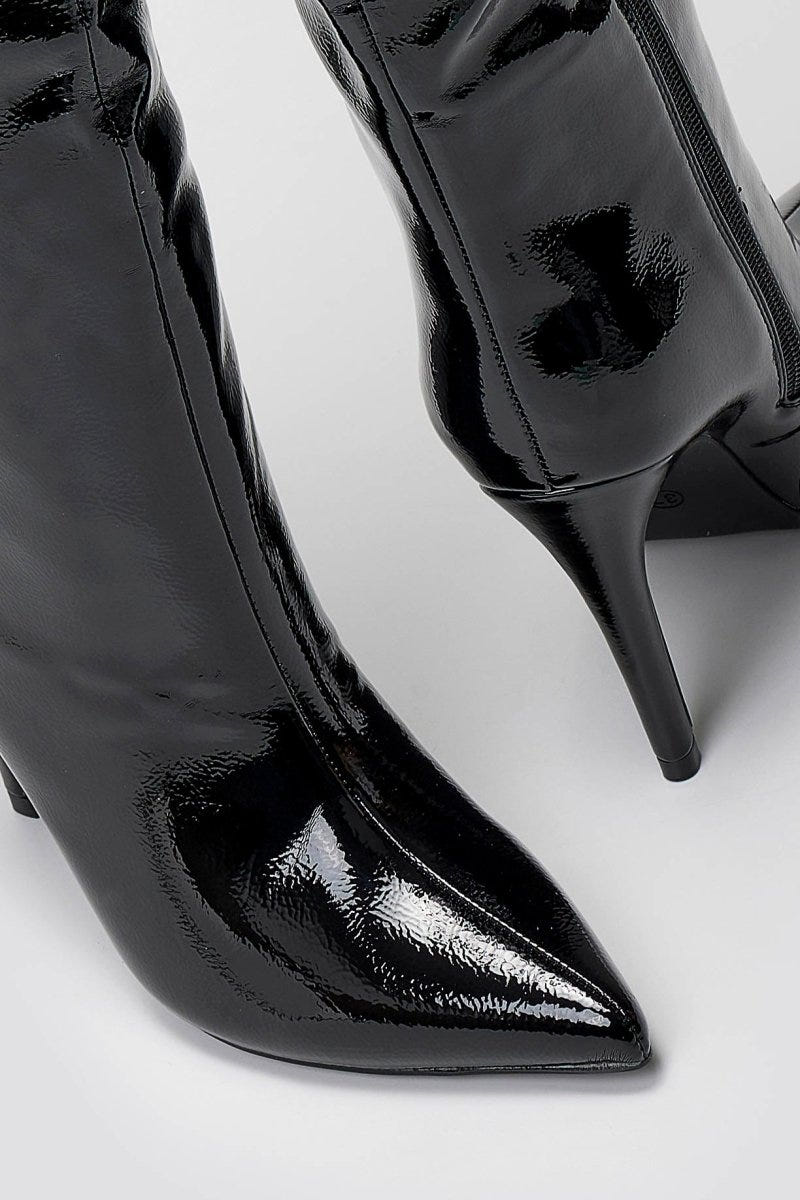 Pointed Patent Boots with Stiletto Heel - Black Patent - thefashionproject.gr - Ideal shoes