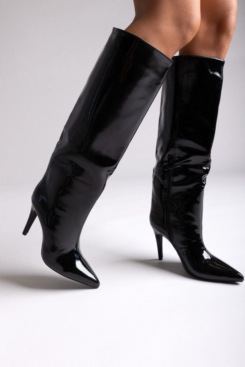 Pointed Patent Boots with Stiletto Heel - Black Patent - thefashionproject.gr - Ideal shoes
