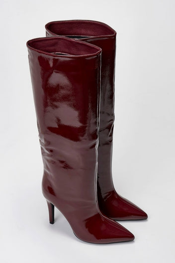 Pointed Patent Boots with Stiletto Heel - Burgundy Patent - thefashionproject.gr - Ideal shoes
