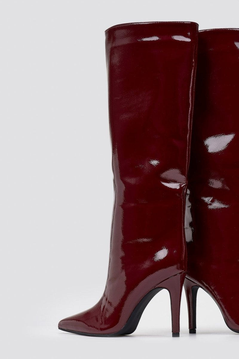 Pointed Patent Boots with Stiletto Heel - Burgundy Patent - thefashionproject.gr - Ideal shoes