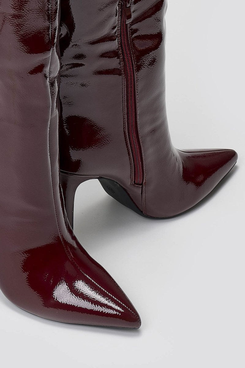 Pointed Patent Boots with Stiletto Heel - Burgundy Patent - thefashionproject.gr - Ideal shoes