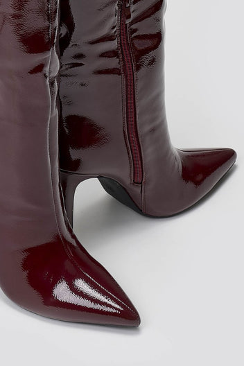 Pointed Patent Boots with Stiletto Heel - Burgundy Patent - thefashionproject.gr - Ideal shoes