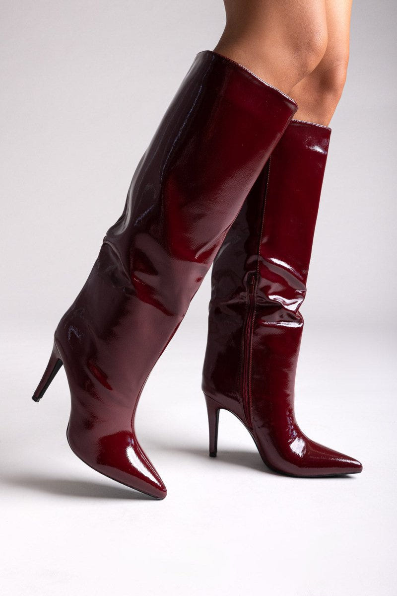 Pointed Patent Boots with Stiletto Heel - Burgundy Patent - thefashionproject.gr - Ideal shoes