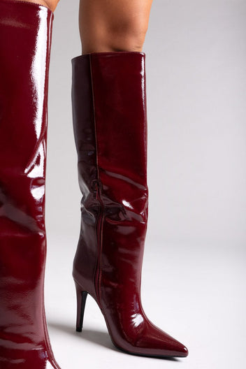 Pointed Patent Boots with Stiletto Heel - Burgundy Patent - thefashionproject.gr - Ideal shoes