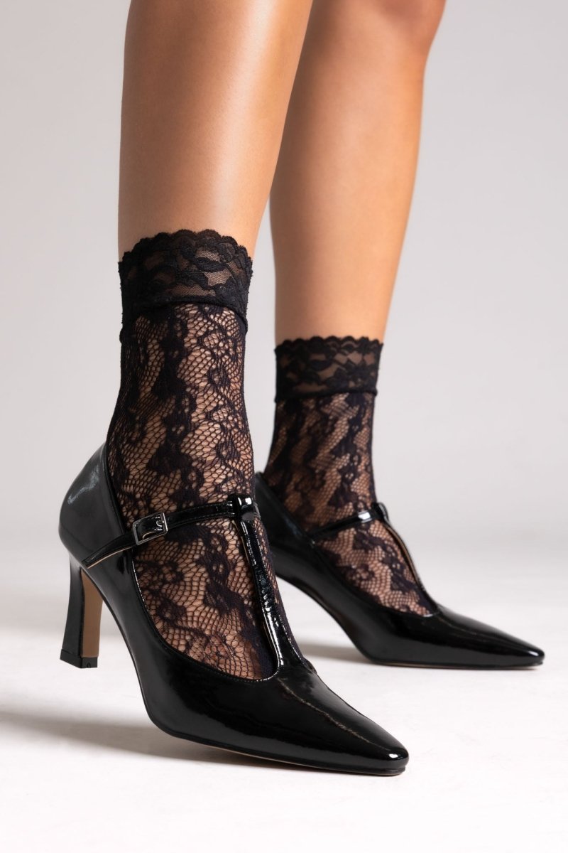 Μυτερές Λουστρίνι Mary Janes με Λουράκι - Μαύρο Λουστρίνι