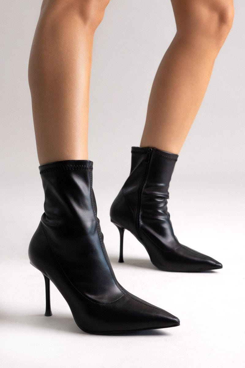 Pointed Stretch Ankle Boots with Stiletto Heel - Black Matte - thefashionproject.gr - Ideal shoes