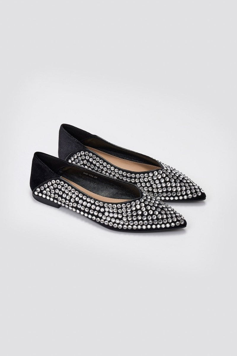 ERYNN - Pointed Suede Ballet Flats with Stones - Black Suede