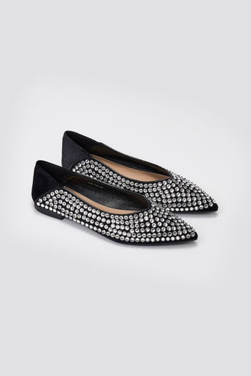 ERYNN - Pointed Suede Ballet Flats with Stones - Black Suede