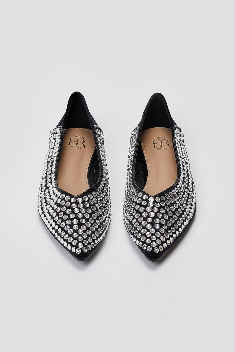 Pointed Suede Ballet Flats with Stones - Black Suede - thefashionproject.gr - ERYNN