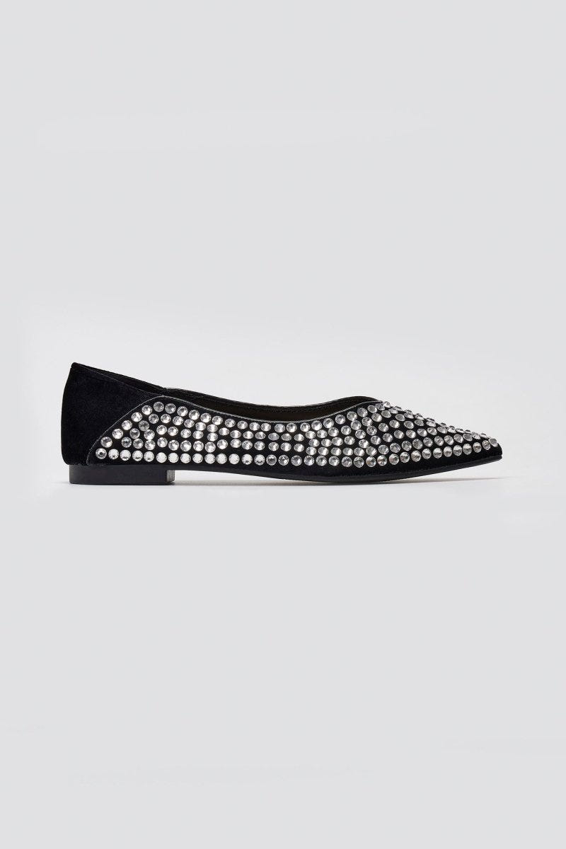 Pointed Suede Ballet Flats with Stones - Black Suede - thefashionproject.gr - ERYNN