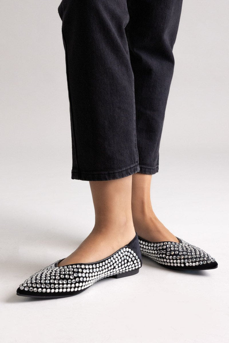 Pointed Suede Ballet Flats with Stones - Black Suede - thefashionproject.gr - ERYNN