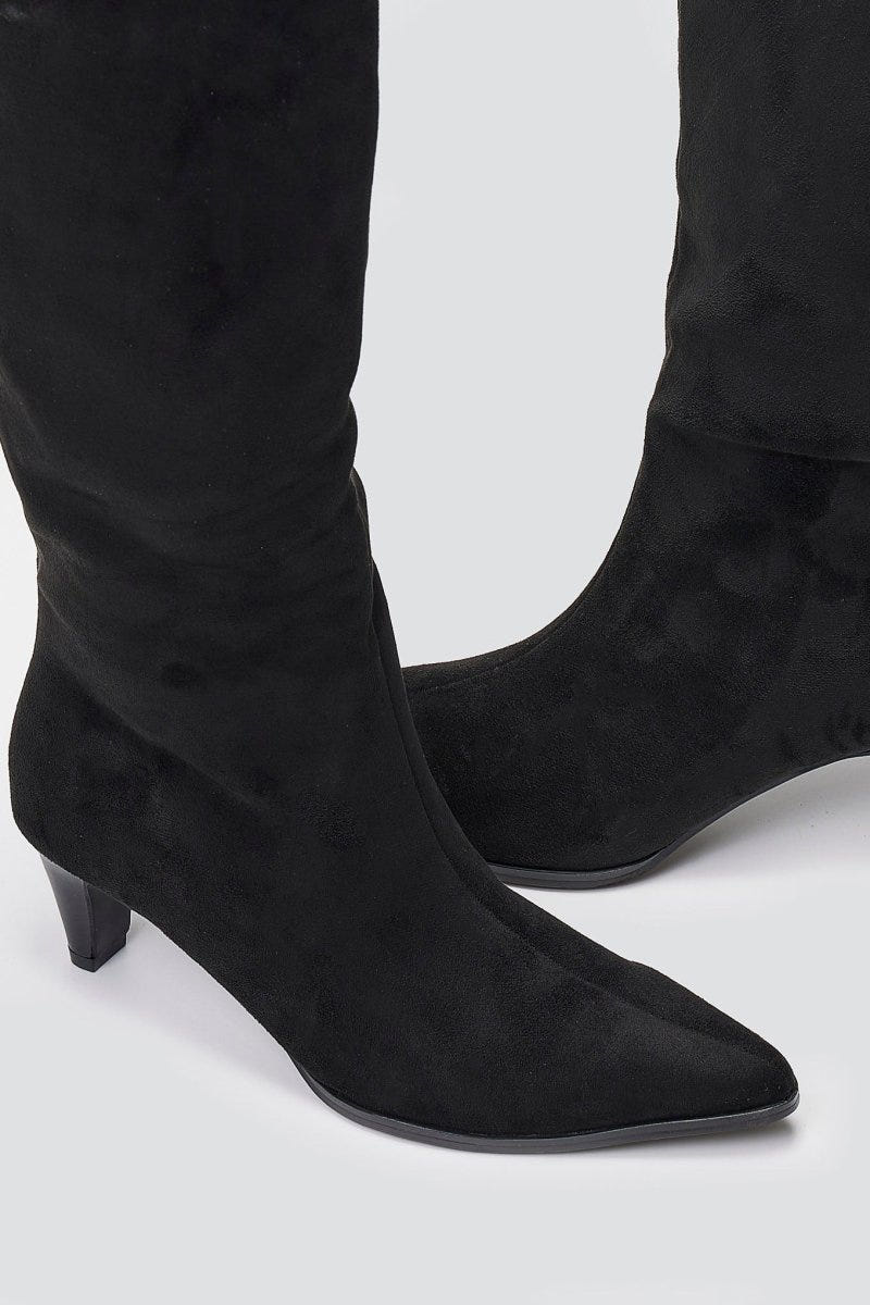 Pointed Suede Boots with Kitten Heel - Black Suede - thefashionproject.gr - Ideal shoes