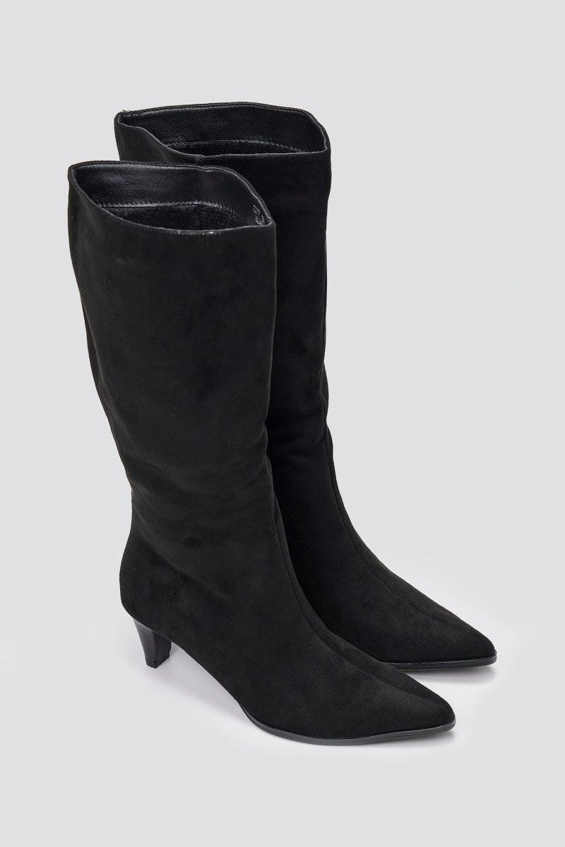 Pointed Suede Boots with Kitten Heel - Black Suede - thefashionproject.gr - Ideal shoes