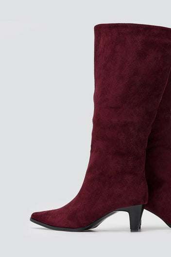 Pointed Suede Boots with Kitten Heel - Bordeaux Suede - thefashionproject.gr - Ideal shoes