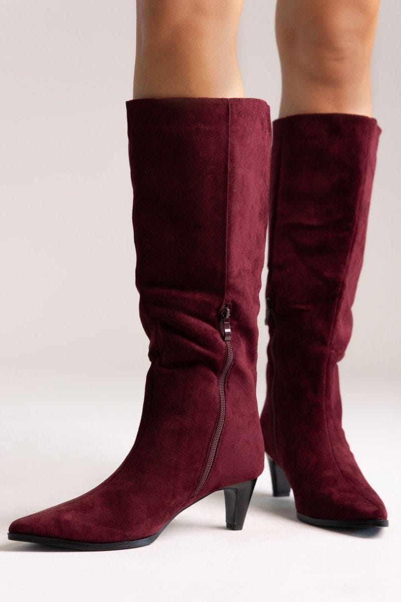 Pointed Suede Boots with Kitten Heel - Bordeaux Suede - thefashionproject.gr - Ideal shoes