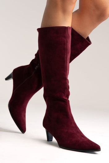 Pointed Suede Boots with Kitten Heel - Bordeaux Suede - thefashionproject.gr - Ideal shoes