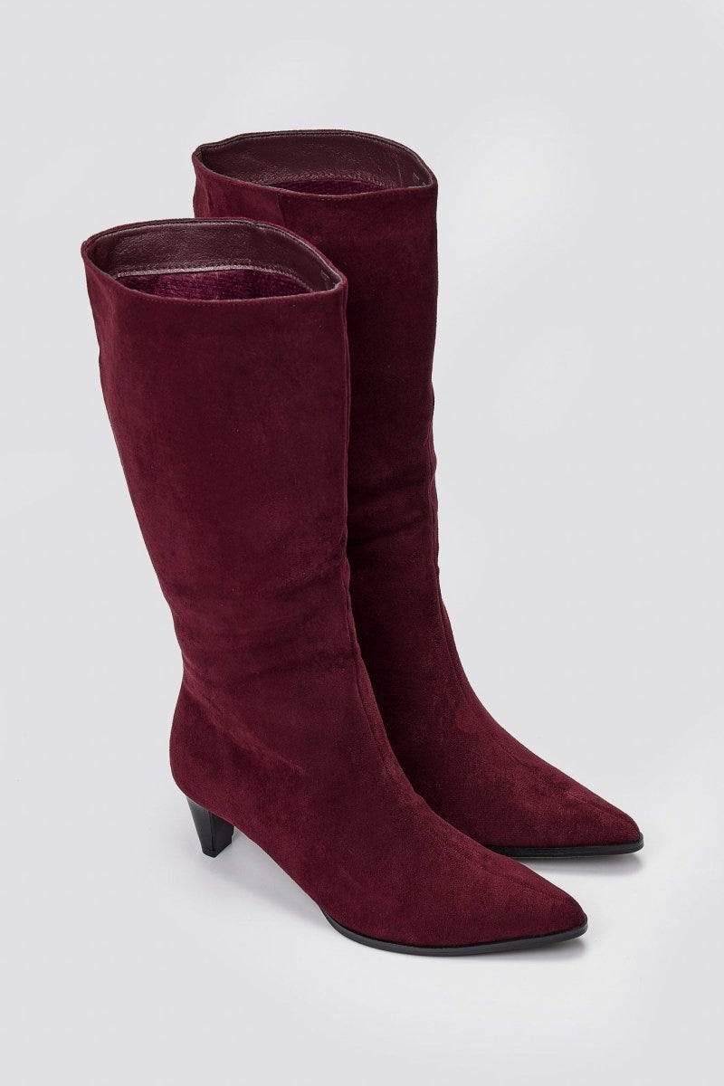 Pointed Suede Boots with Kitten Heel - Bordeaux Suede - thefashionproject.gr - Ideal shoes