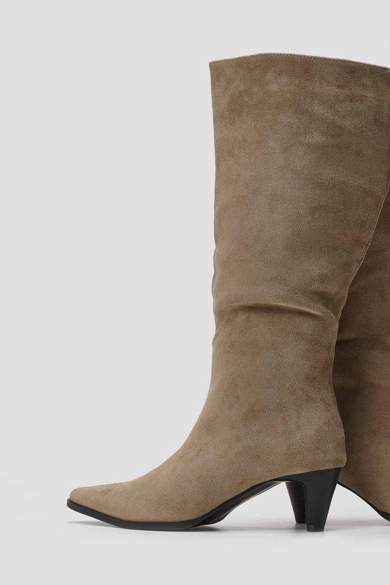 Pointed Suede Boots with Kitten Heel - Taupe Suede - thefashionproject.gr - Ideal shoes