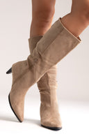 Pointed Suede Boots with Kitten Heel - Taupe Suede - thefashionproject.gr - Ideal shoes