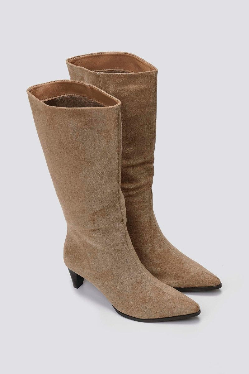 Pointed Suede Boots with Kitten Heel - Taupe Suede - thefashionproject.gr - Ideal shoes