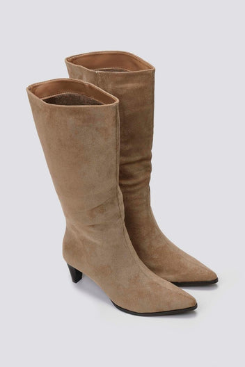 Pointed Suede Boots with Kitten Heel - Taupe Suede - thefashionproject.gr - Ideal shoes