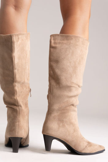 Pointed Suede Boots with Kitten Heel - Taupe Suede - thefashionproject.gr - Ideal shoes